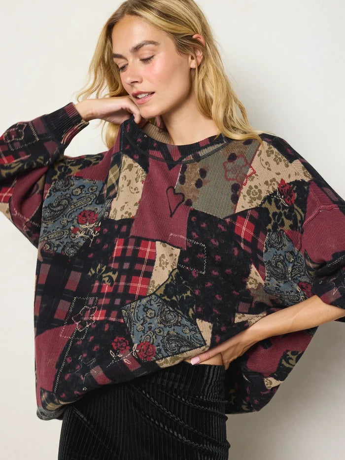 Taylor Oversized Cotton Sweater - Aspen Patchwork Burgundy-view 3