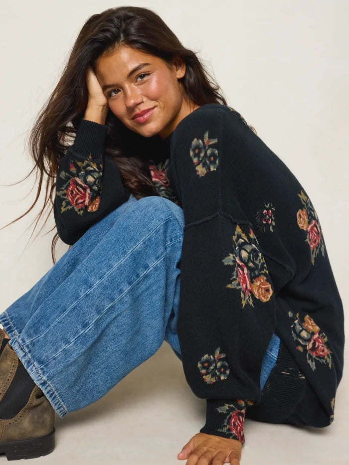 Taylor Oversized Cotton Sweater - Mystic Bouquets Black-view 1