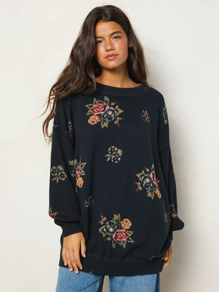 Taylor Oversized Cotton Sweater - Mystic Bouquets Black-view 2
