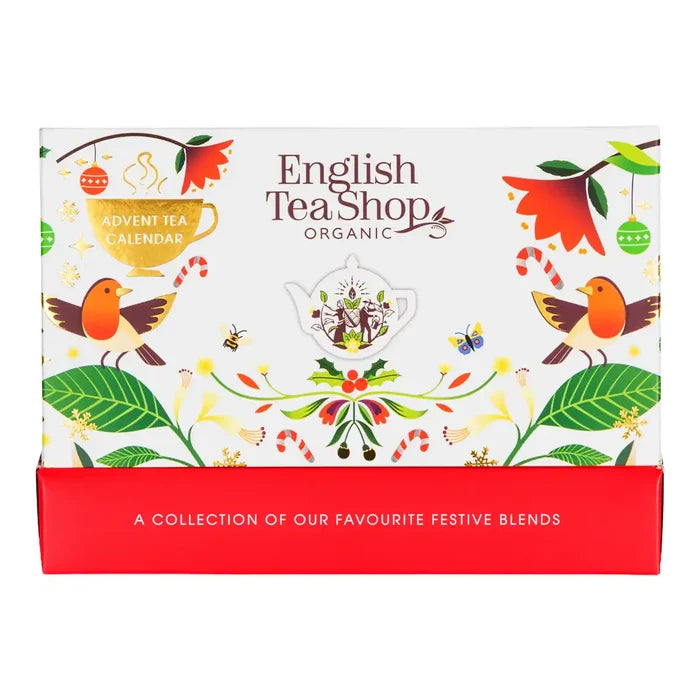 English Tea Shop Organic Advent Tea Calendar box, featuring a white top half with festive illustrations.