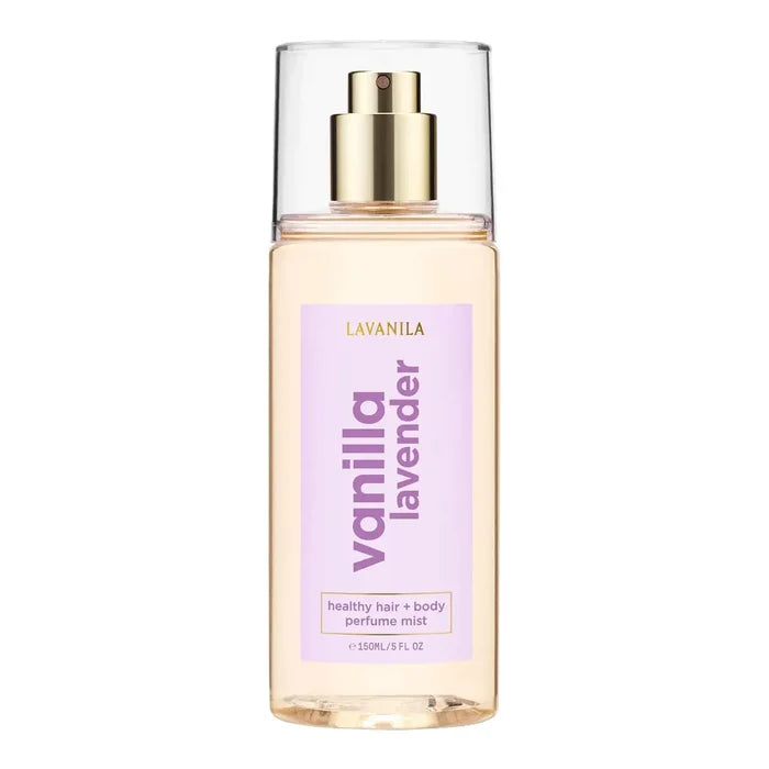 Clear perfume bottle with a gold nozzle, clear cap, and purple label.