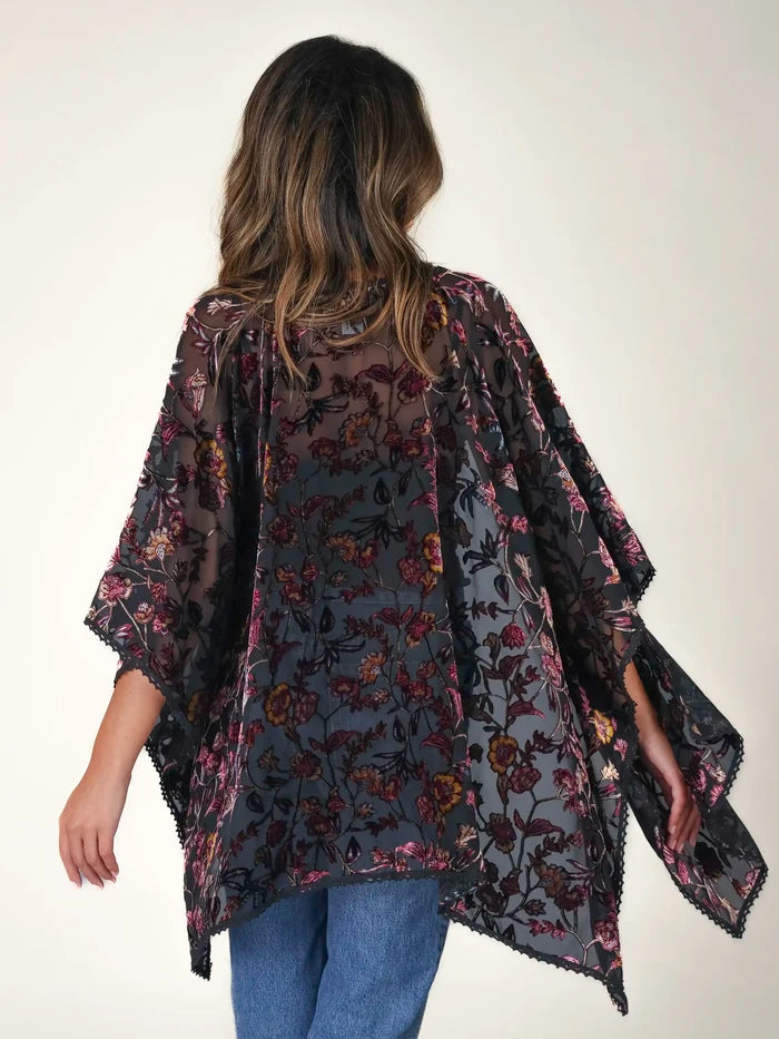 Velvet Burnout Kimono - Black Rose Branches-view 1