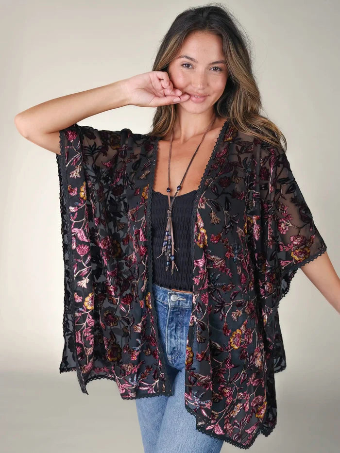 Velvet Burnout Kimono - Black Rose Branches-view 2