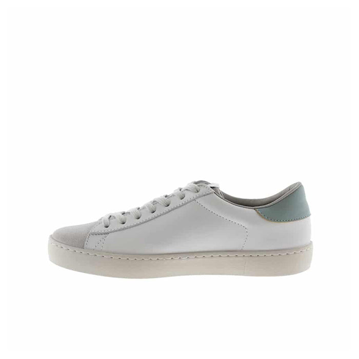 Low-top sneakers in white with gray laces and teal heel collar, side profile