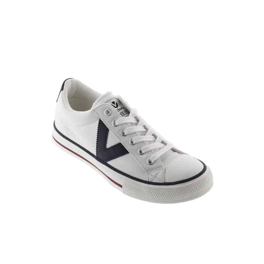 White low-top sneakers with lace-up, navy side panel and red stripe detail