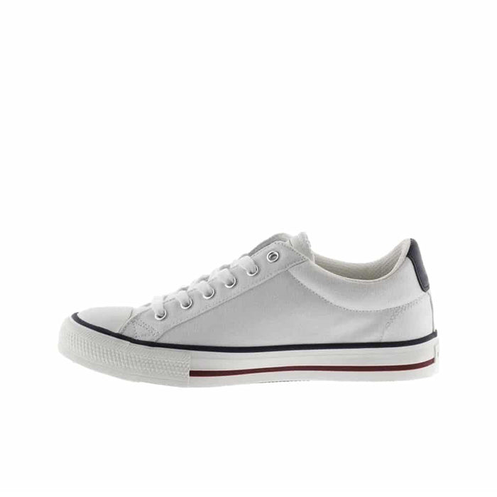 White low-top sneakers with lace-up, navy heel cap and red/blue side stripe