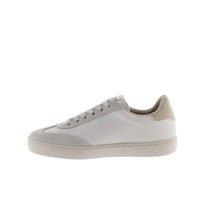 Low-top lace-up sneakers in light grey with cream sole trim