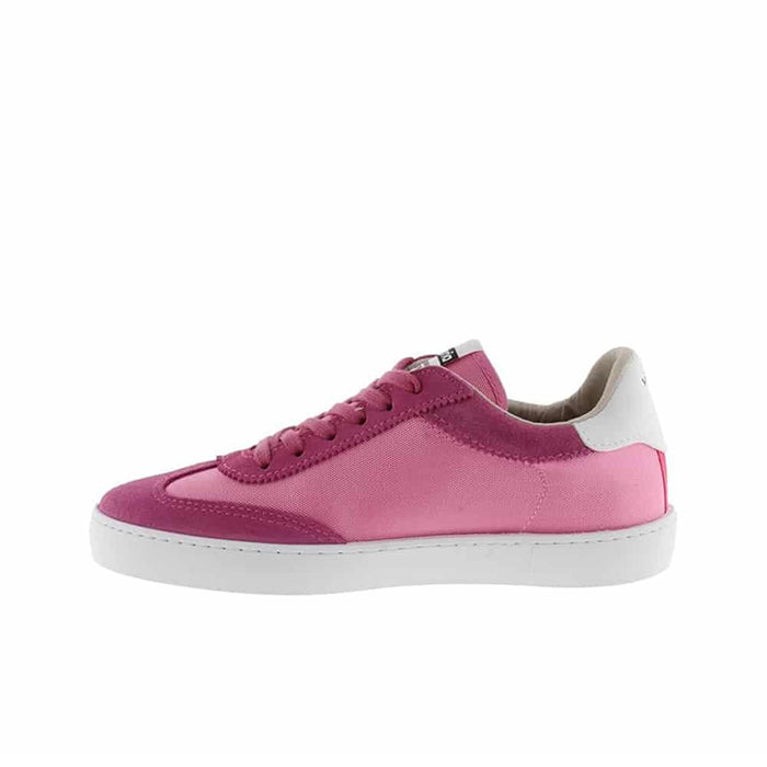 Fuchsia low-top sneakers with lace-up front and white heel panel, rubber sole