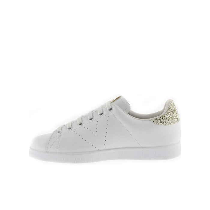 White low-top sneaker with perforated panels and gold glitter side heel trim
