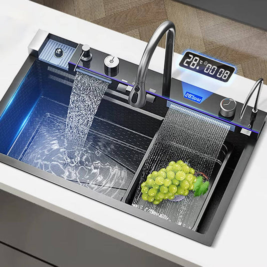Waterfall Kitchen Sink Stainless Steel with Faucet Single Bowl Workstation Sink Cup Washer Soap Dispenser
