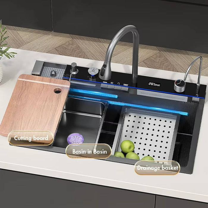 Waterfall Kitchen Sink Stainless Steel with Faucet Single Bowl Workstation Sink Cup Washer Soap Dispenser