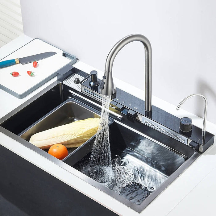 Waterfall Kitchen Sink Stainless Steel with Faucet Single Bowl Workstation Sink Cup Washer Soap Dispenser