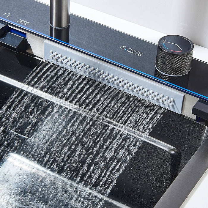 Waterfall Kitchen Sink Stainless Steel with Faucet Single Bowl Workstation Sink Cup Washer Soap Dispenser