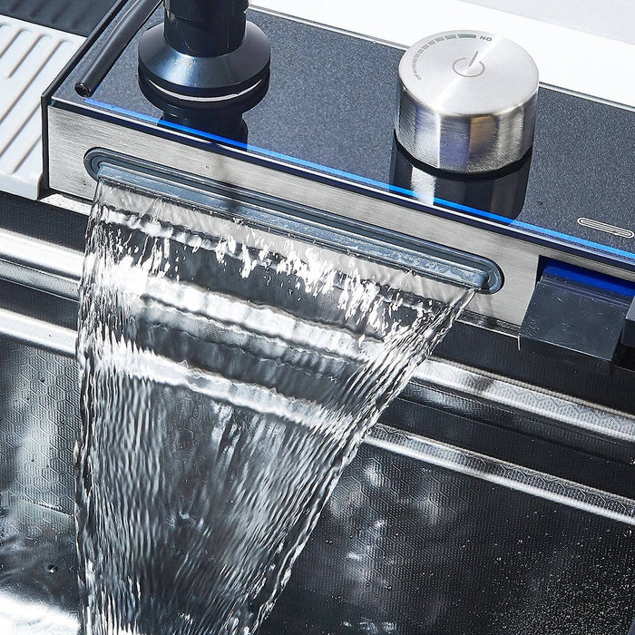 Waterfall Kitchen Sink Stainless Steel with Faucet Single Bowl Workstation Sink Cup Washer Soap Dispenser