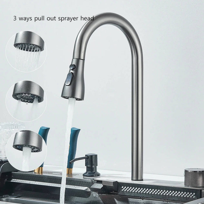 Waterfall Kitchen Sink Stainless Steel with Faucet Single Bowl Workstation Sink Cup Washer Soap Dispenser