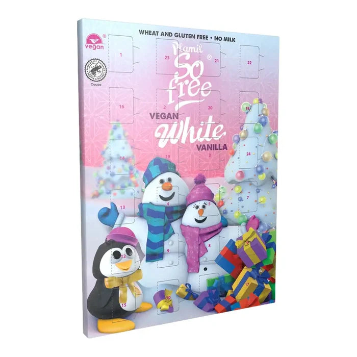 Vegan white chocolate festive advent calendar. The front features a pastel pink and light blue holiday design with snowman illustrations, penguins, Christmas trees, and wrapped gifts, along with numbered advent window cutouts.